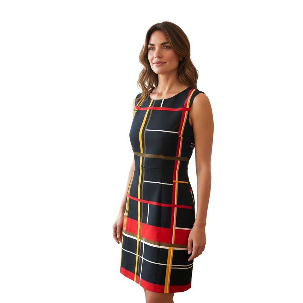 Fashion Star Macys Plaid Shift Dress Womens 8 Black Red Yellow Mod Sleeveless